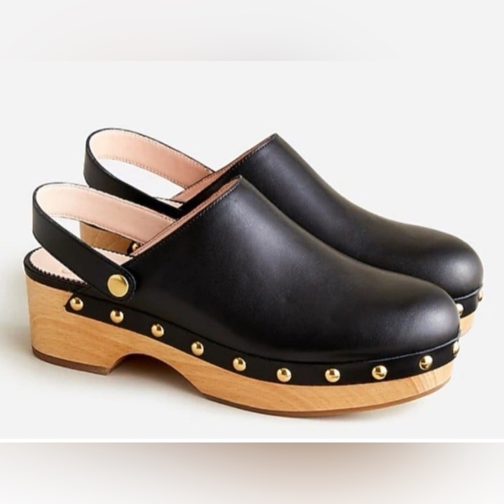 J. Crew Black Leather Clogs with Gold Studs